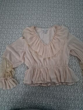 Caroline Constas Blush Pink (Peachy) Ruffle Peplum Chiffon Blouse